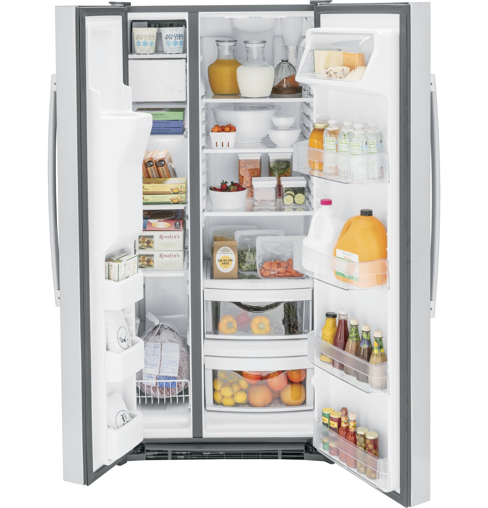 Open stainless steel side-by-side refrigerator stocked with beverages, produce, and food items from appliance collection