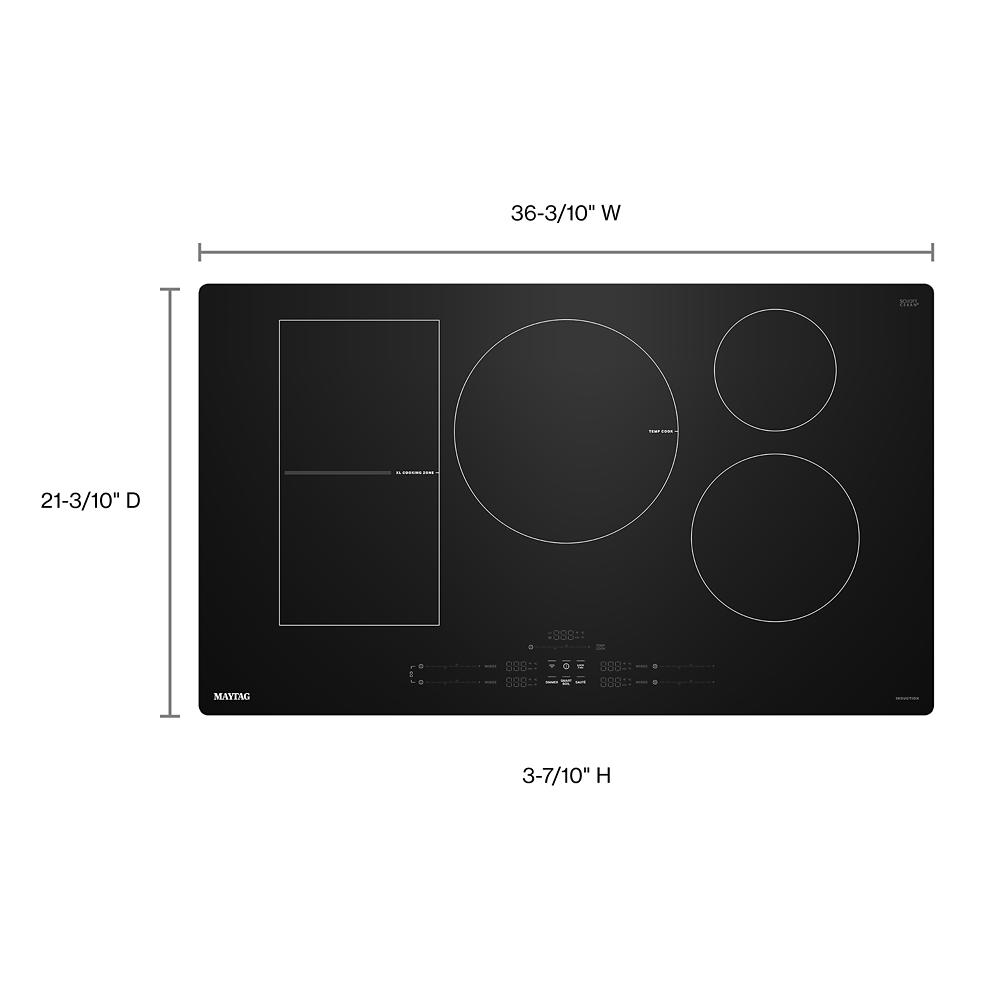 Black glass induction cooktop with four cooking zones and digital touch controls in kitchen appliances collection