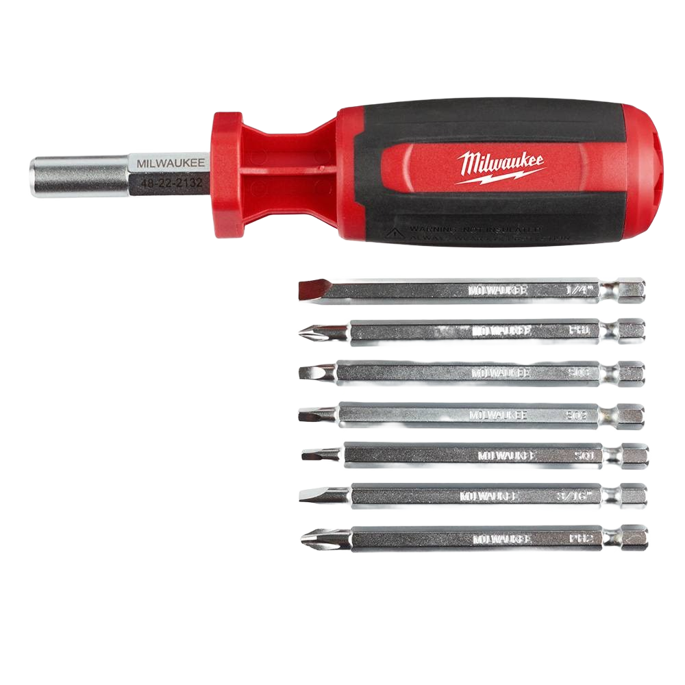 Compact red and black multi-bit screwdriver with eight interchangeable bits for versatile home improvement tasks