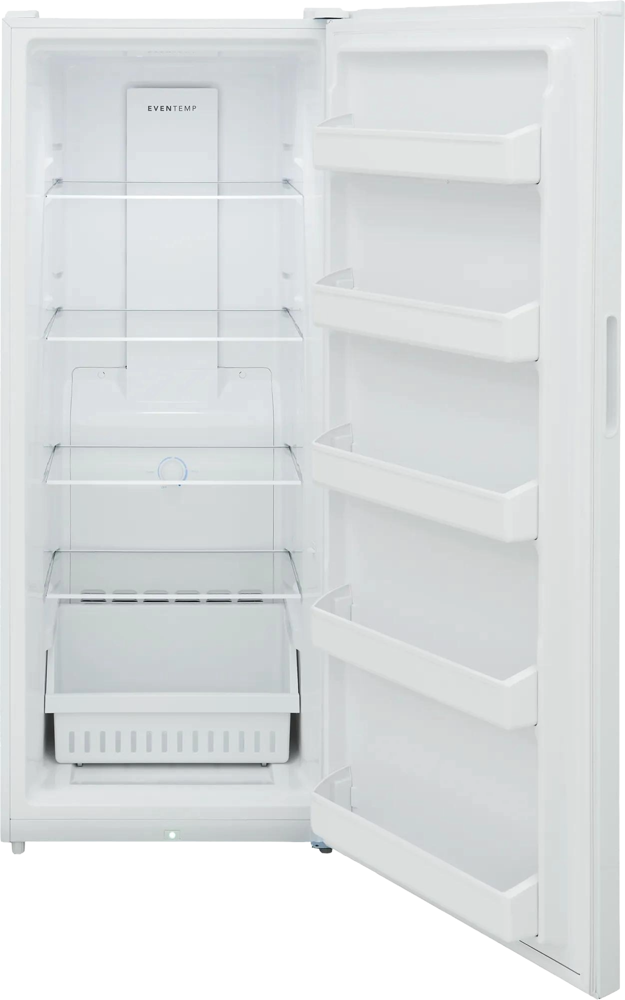 Open white upright refrigerator with clear glass shelves, spacious door bins, and a bottom crisper drawer, ideal for Refrigerators and Kitchen & Kitchenware collections.