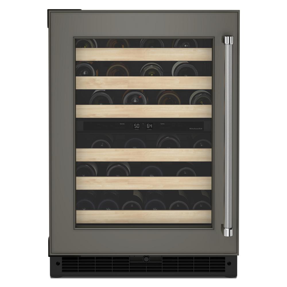 24-inch panel-ready undercounter wine cellar with wood racks, dual temperature zones, glass door, and stainless handle