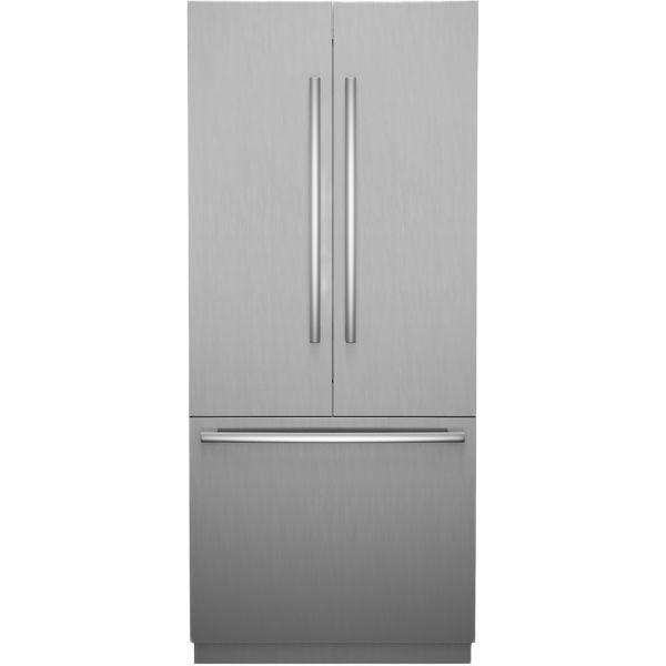 Built-in stainless steel bottom freezer refrigerator with vertical bar handles in Bosch kitchen appliance collection