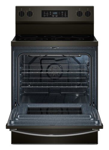 black 30-inch electric range with glass cooktop and spacious oven featuring Air Cooking Technology for kitchen and home improvement use