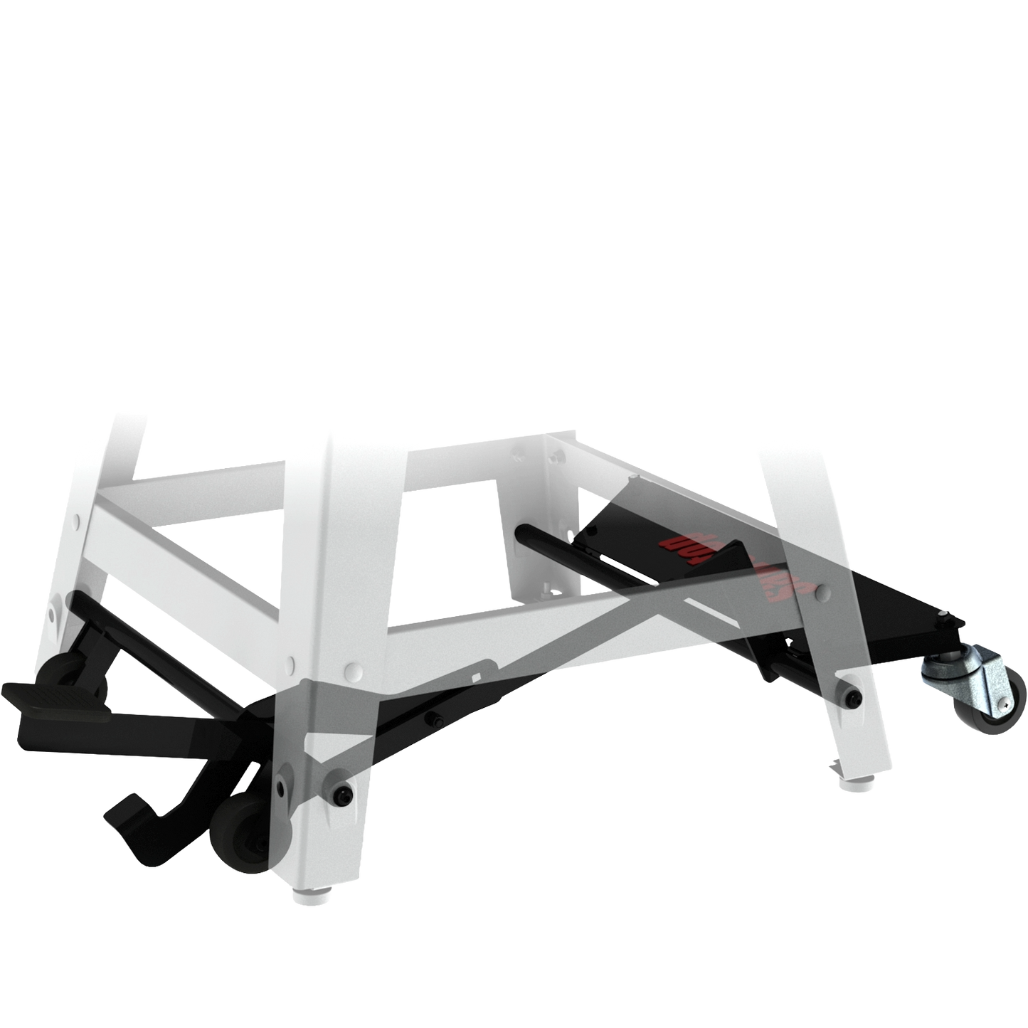 Sturdy white metal mobile base with wheels designed for workshop organization and woodworking tool storage