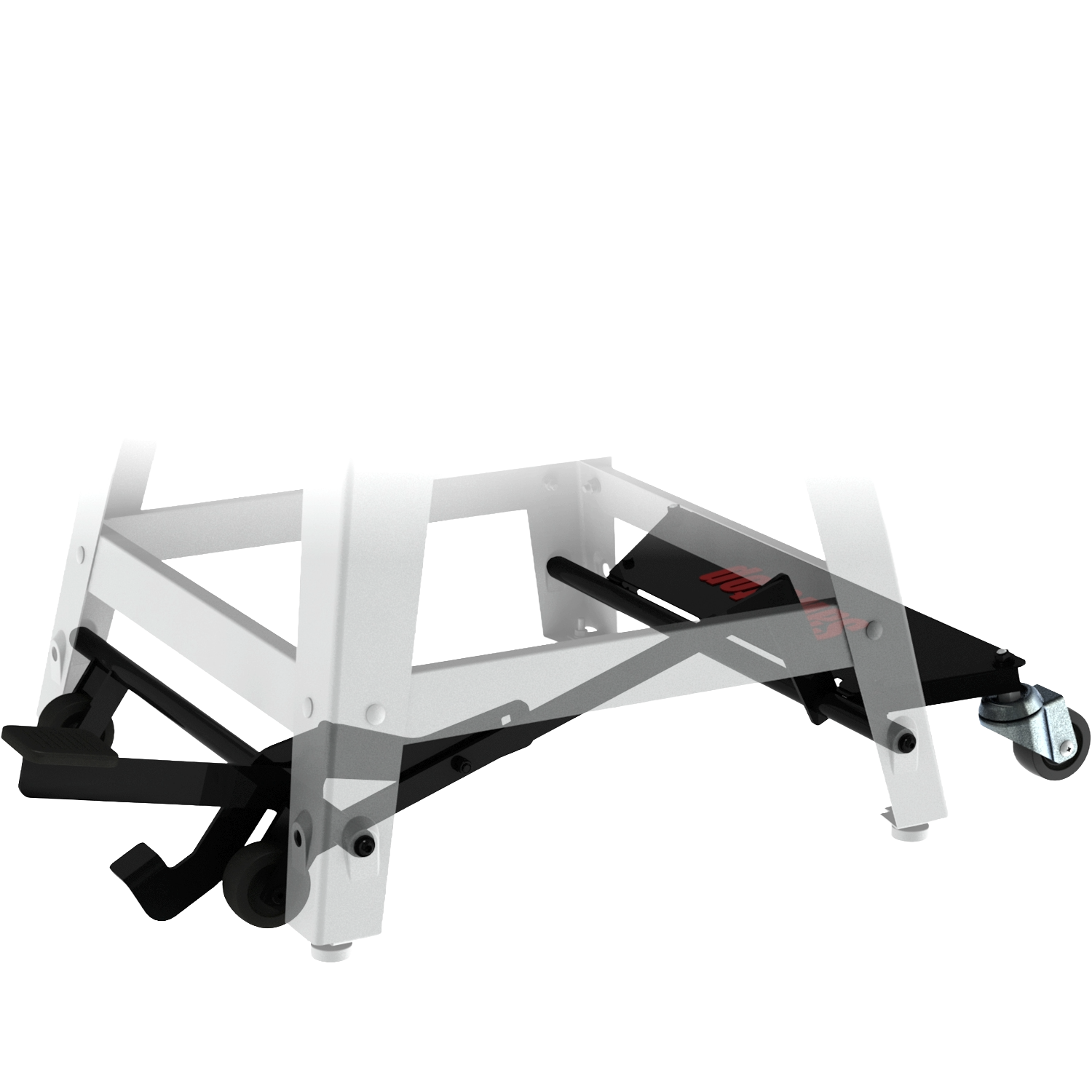 Sturdy white metal mobile base with wheels designed for workshop organization and woodworking tool storage