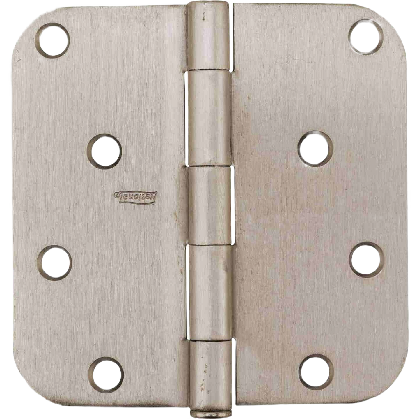 4-inch satin nickel door hinge with radius corners and multiple screw holes for home improvement projects