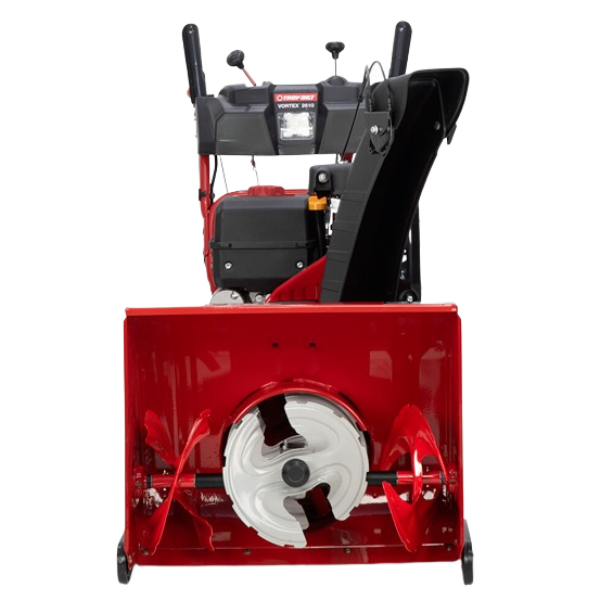 Red three-stage snow blower front view with steel augers and ergonomic control panel for home improvement tasks
