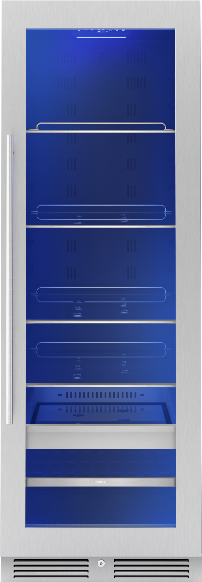 Full size stainless steel beverage cooler with glass door, multiple shelves, and blue interior lighting in kitchen appliances collection