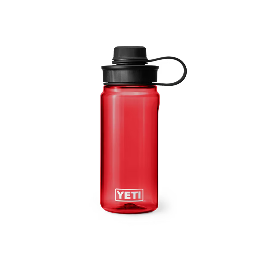 Red 20 oz water bottle with black tether cap and YETI logo, designed for durable and convenient use in drinkware and kitchenware collections under $50.