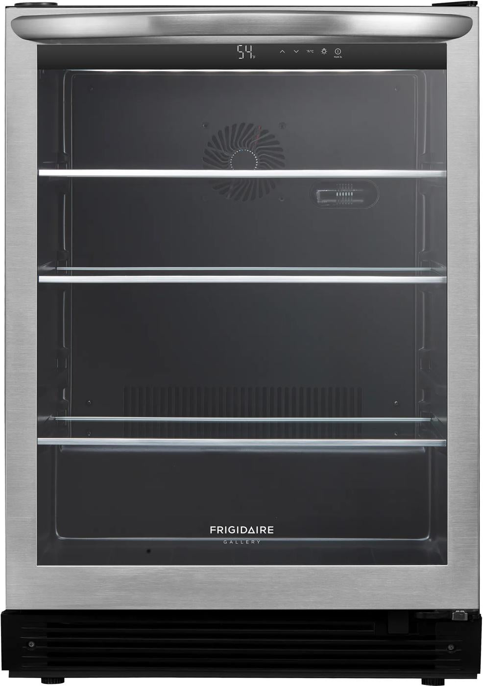 Front view of a stainless steel beverage center with glass door, adjustable shelving, and digital temperature display, suitable for refrigerators and kitchen appliances.