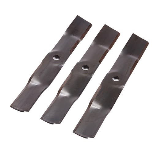 Set of three black mulching mower blades with central mounting holes for lawn mower maintenance and home improvement tasks