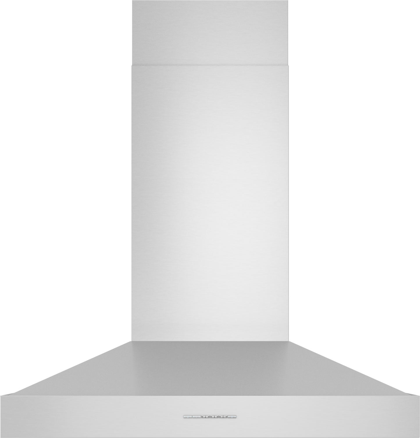 stainless steel wall mounted range hood with pyramid silhouette and concealed filter panel in kitchen appliances collection