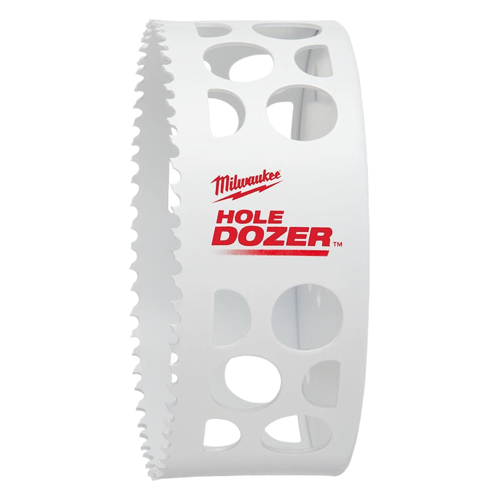 White bi-metal hole saw with large circular cutouts and Milwaukee HOLE DOZER branding for woodworking tools and home improvement