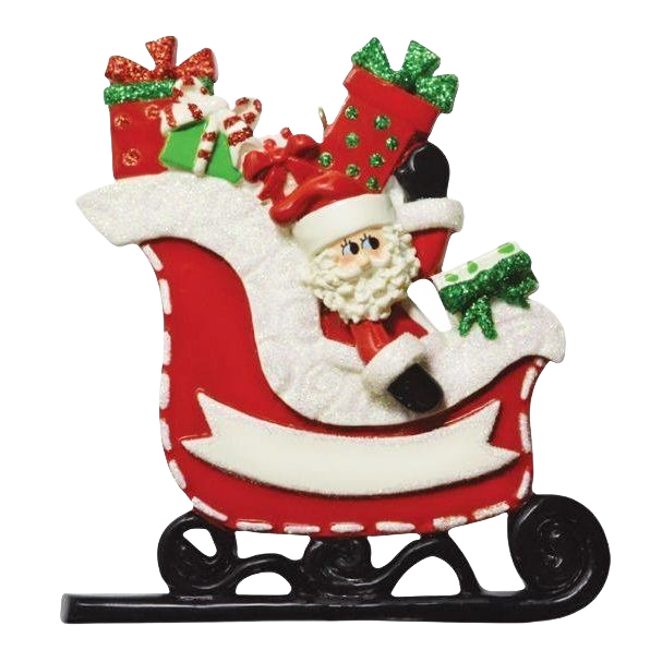 Santa Claus in red sleigh filled with festive green and red presents Christmas ornament under $50 collection