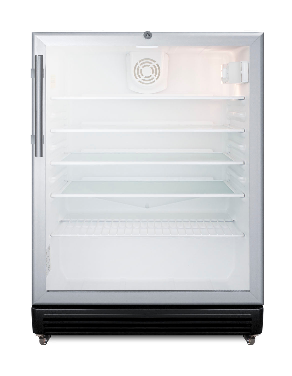 24-inch wide beverage center with glass door, multiple adjustable shelves, and stainless steel handle for kitchen appliances
