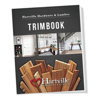 Cover of a Hartville Hardware & Lumber trim guidebook featuring interior home trim examples above a graphic of various wood trim pieces and the company logo.