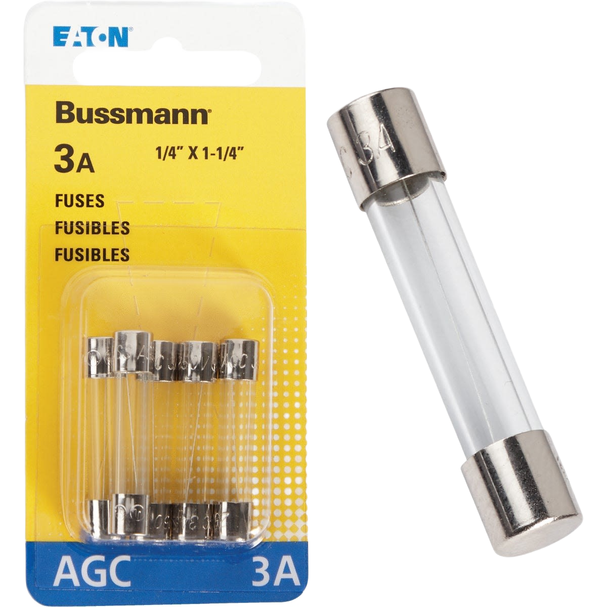 Pack of five 3-amp glass tube fuses with metal end caps in clear plastic packaging and one loose fuse displayed next to it