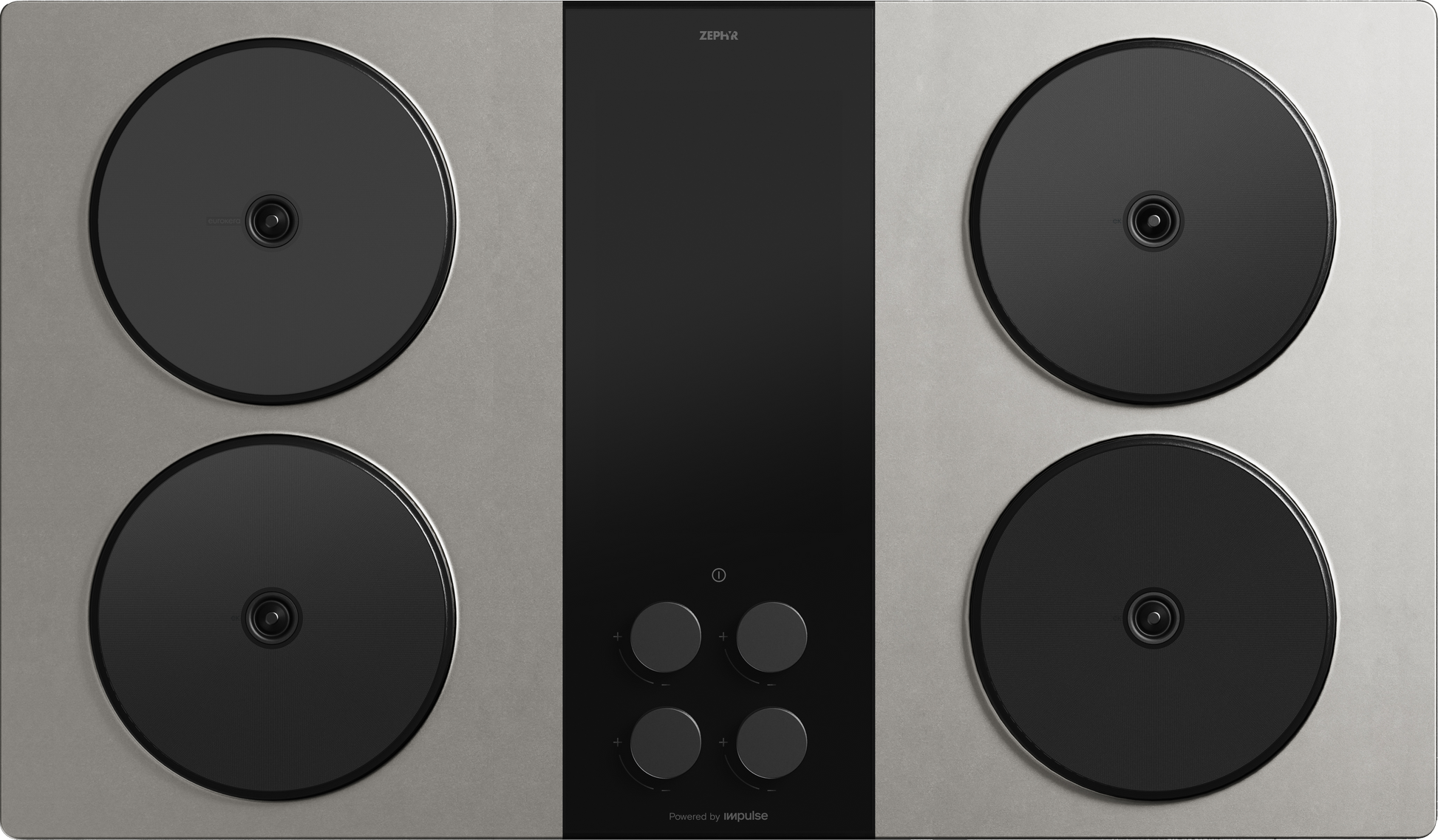 Top view of a charcoal 36-inch induction cooktop with four circular heating elements and central control knobs, featured in Induction Cooktops and Appliances at Hartville Hardware.