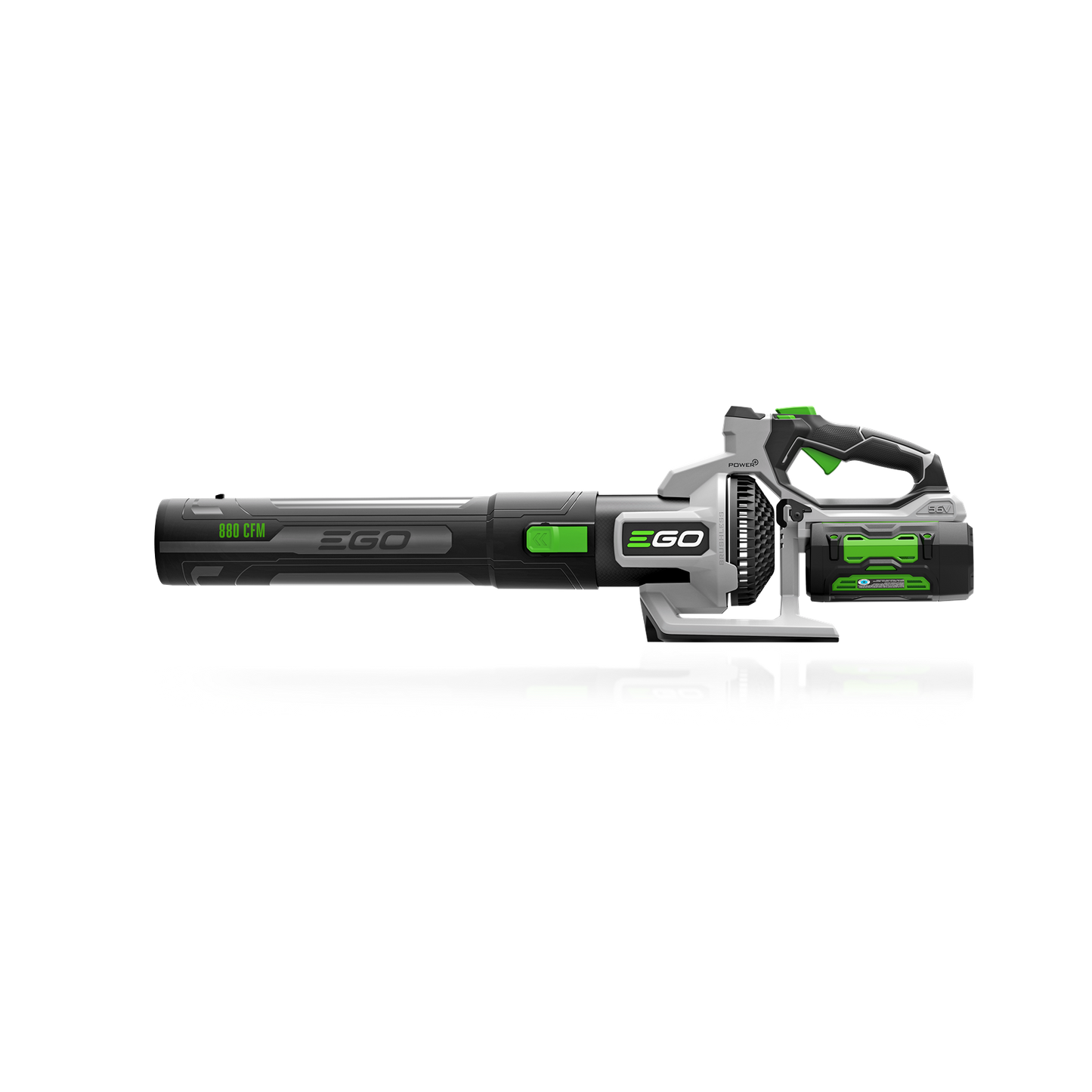 Cordless blower with gray and green accents, ergonomic design, and powerful 880 CFM airflow for home improvement tasks