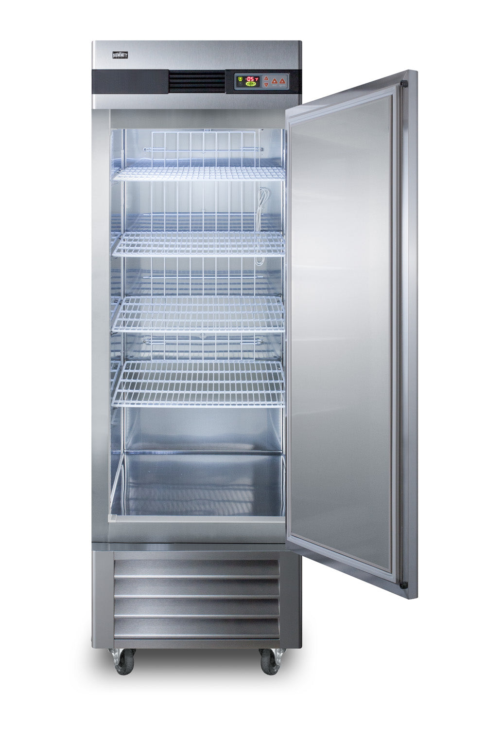 Commercial stainless steel reach-in freezer with open door showing wire shelving in kitchen appliances collection