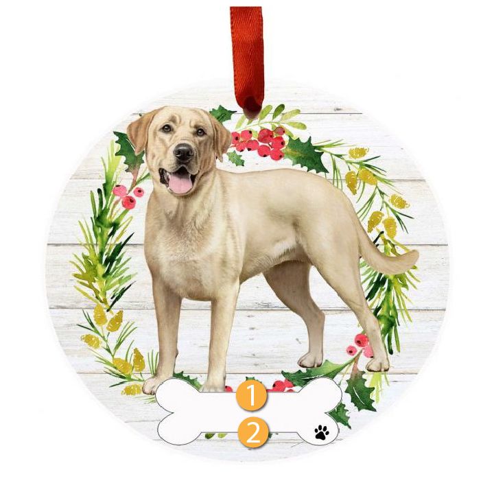 Round Christmas ornament with yellow Labrador and festive wreath for holiday tree decorations under $50 collections