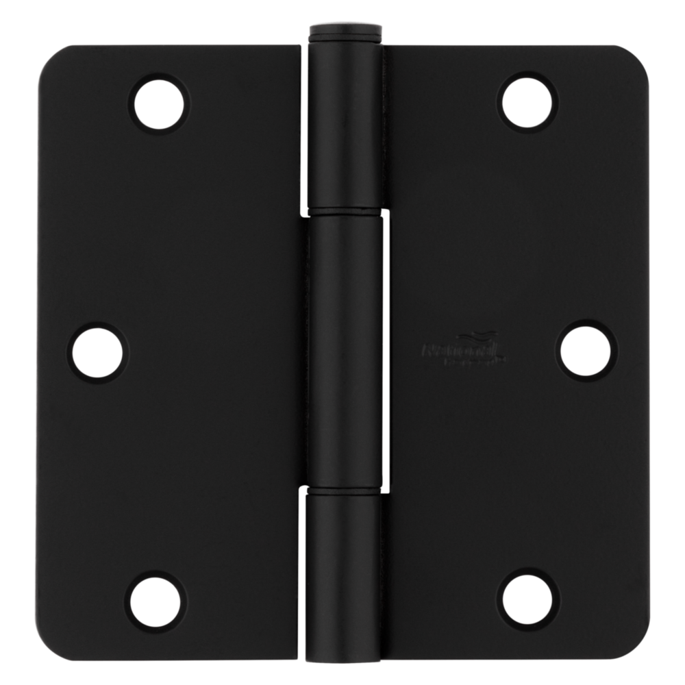 Matte black door hinge with six mounting holes and rounded edges for smooth operation in hardware and door knob collections