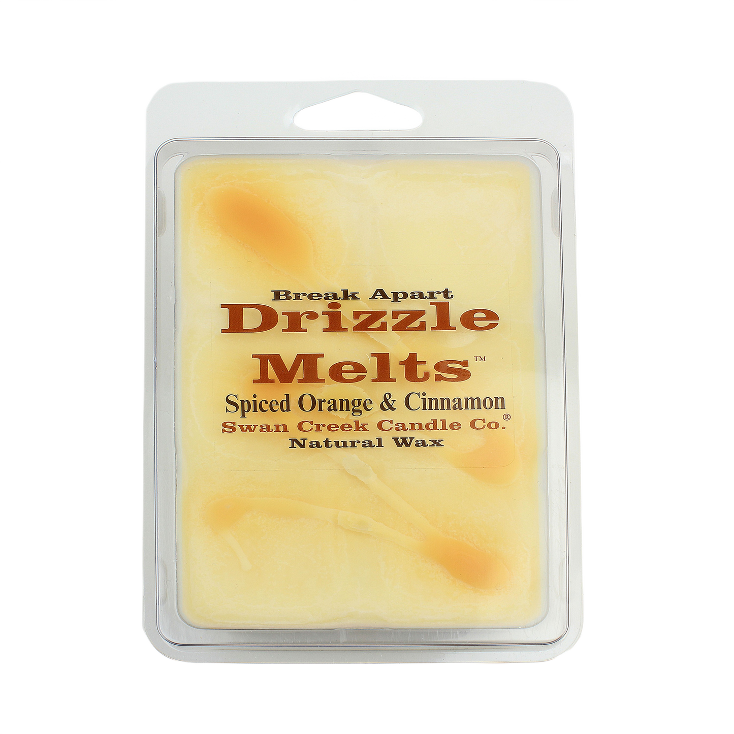 Break-apart natural wax melts with spiced orange and cinnamon scent by Swan Creek Candle Co. in clear clamshell packaging