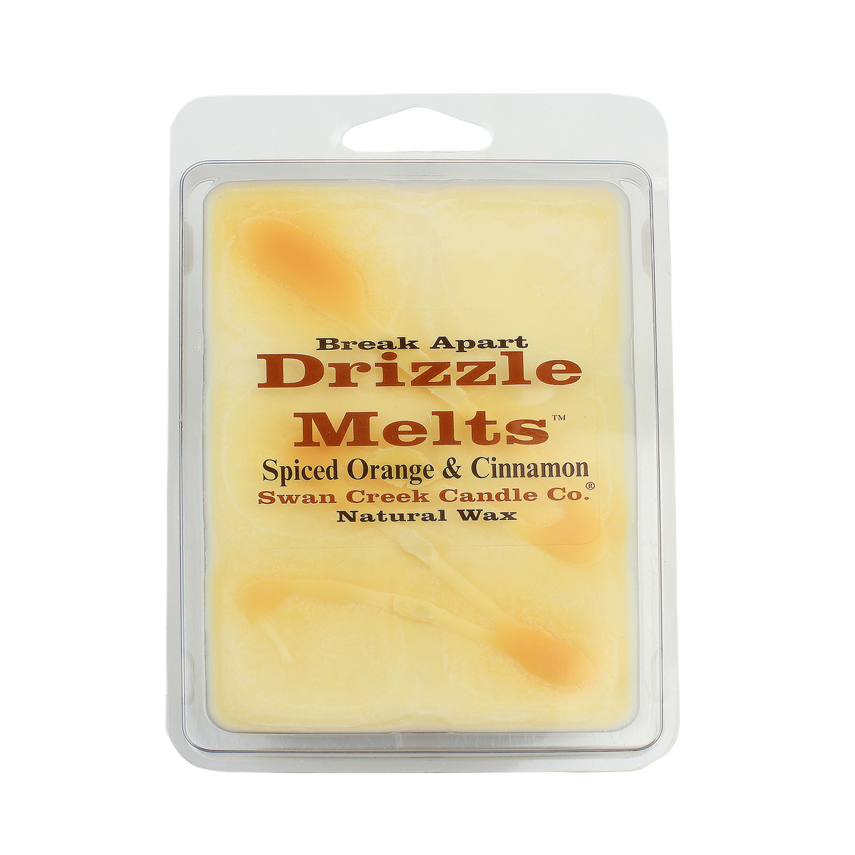 Break-apart natural wax melts with spiced orange and cinnamon scent by Swan Creek Candle Co. in clear clamshell packaging