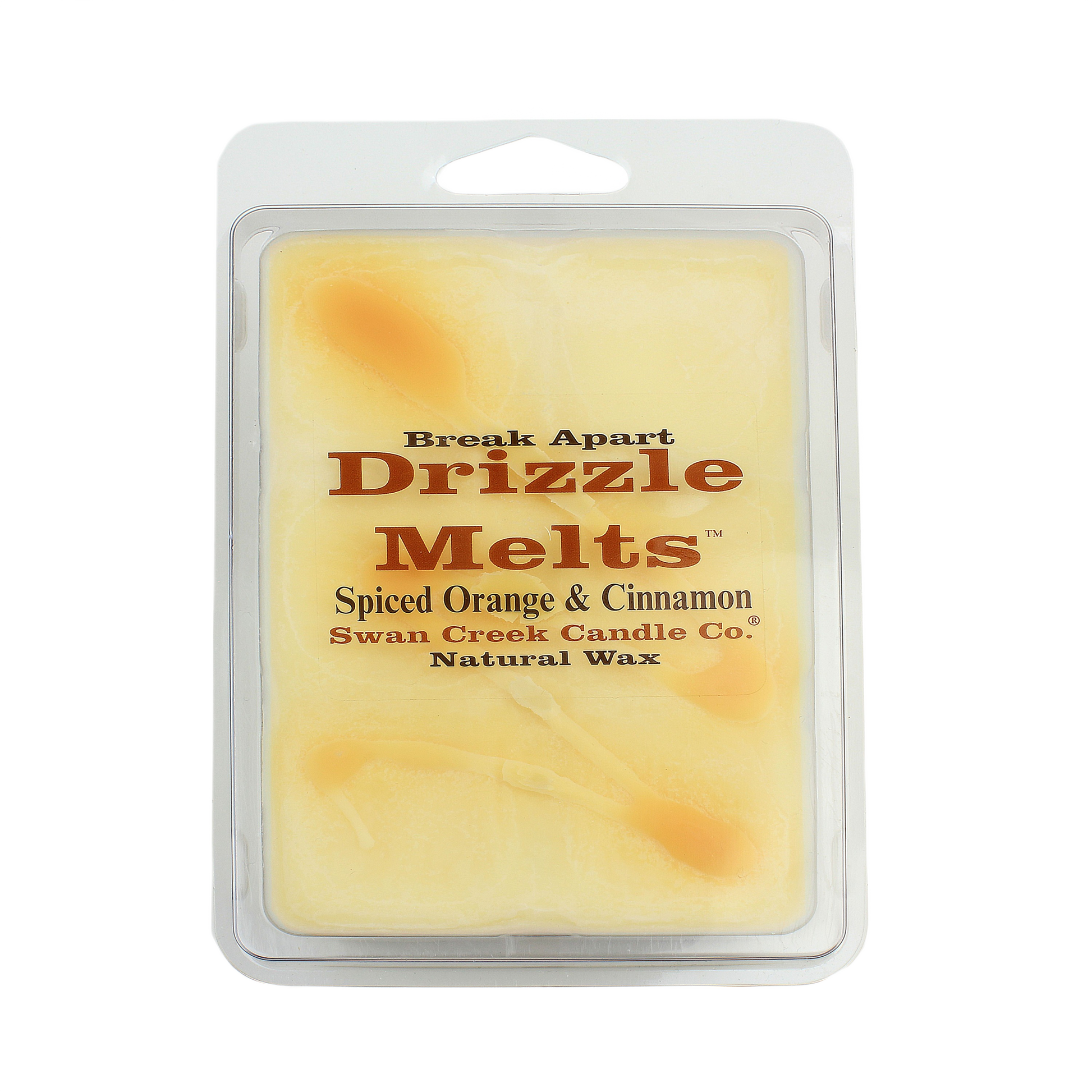 Break-apart natural wax melts with spiced orange and cinnamon scent by Swan Creek Candle Co. in clear clamshell packaging