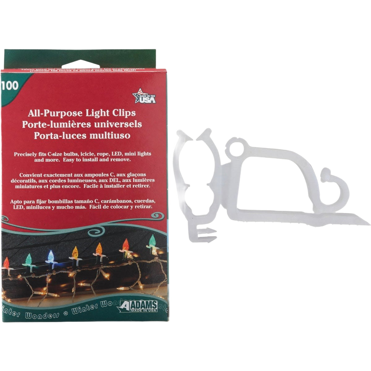 Box of versatile white light clips designed for securely holding various decorative lights in Christmas and home improvement collections