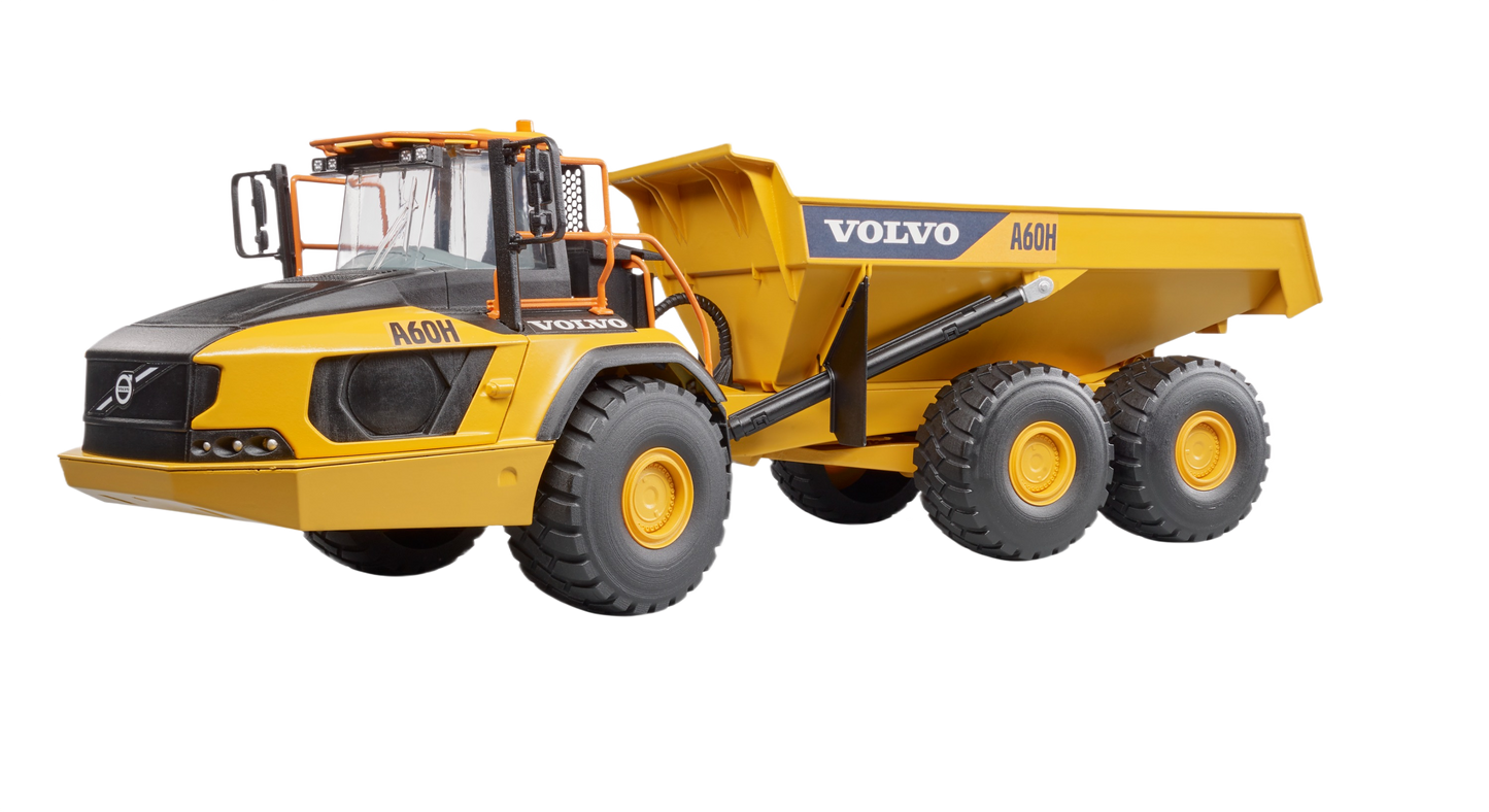 Yellow Bruder Volvo A60H articulated hauler model with six large rugged tires for realistic construction play and display