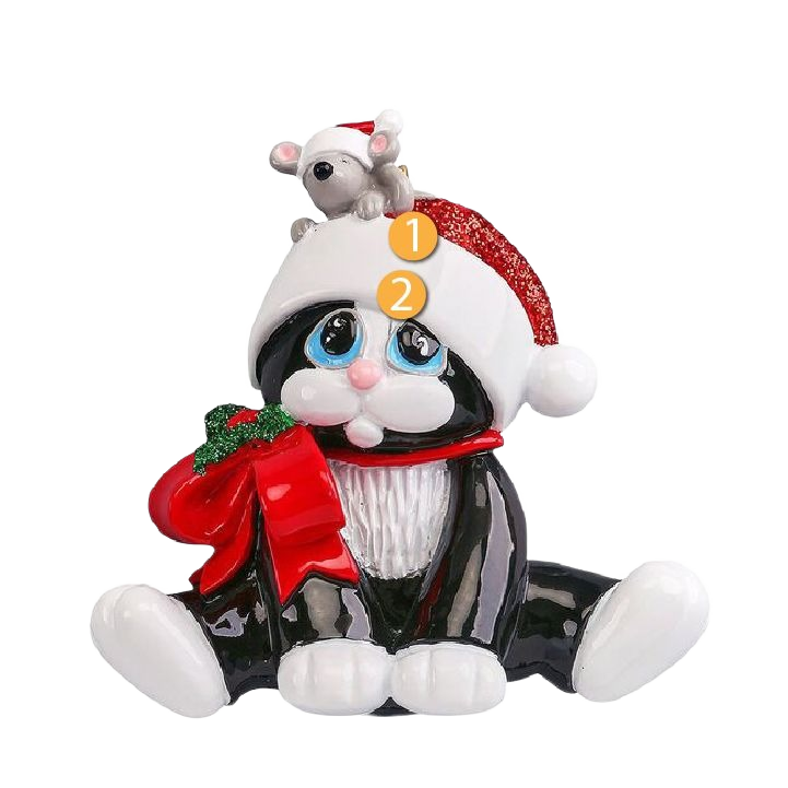 Festive black cat ornament with red bow and Santa hat, featuring a small mouse for Christmas tree decor under $50 collection