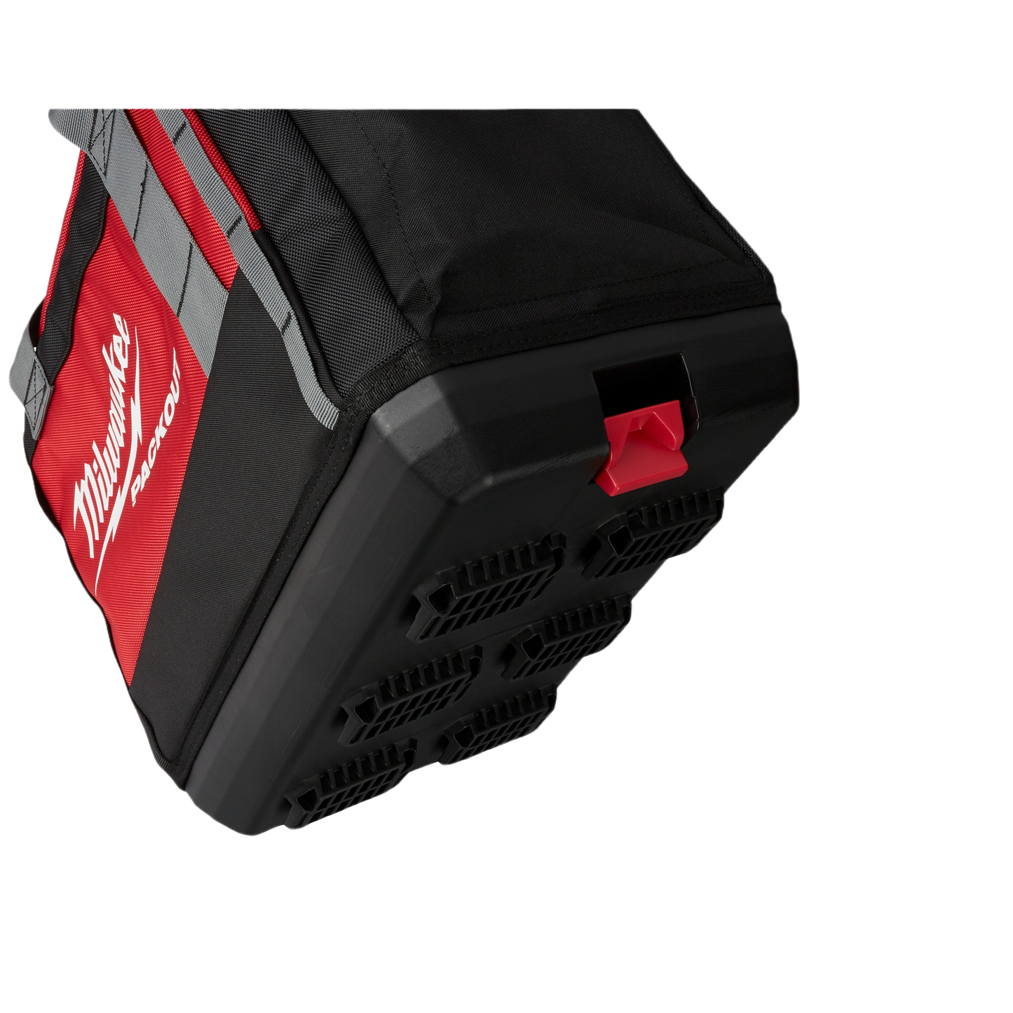 Black and red Milwaukee tool bag with molded base and secure latch for durable storage in tools and home improvement tasks