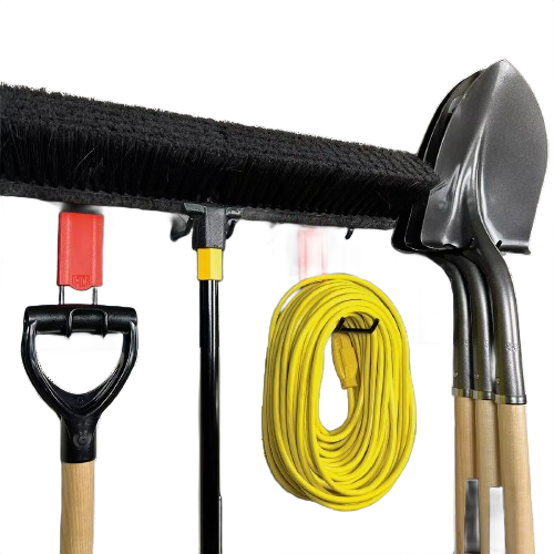Black galvanized steel wall panel with hooks holding garden tools and coiled yellow extension cord, from hardware storage collections
