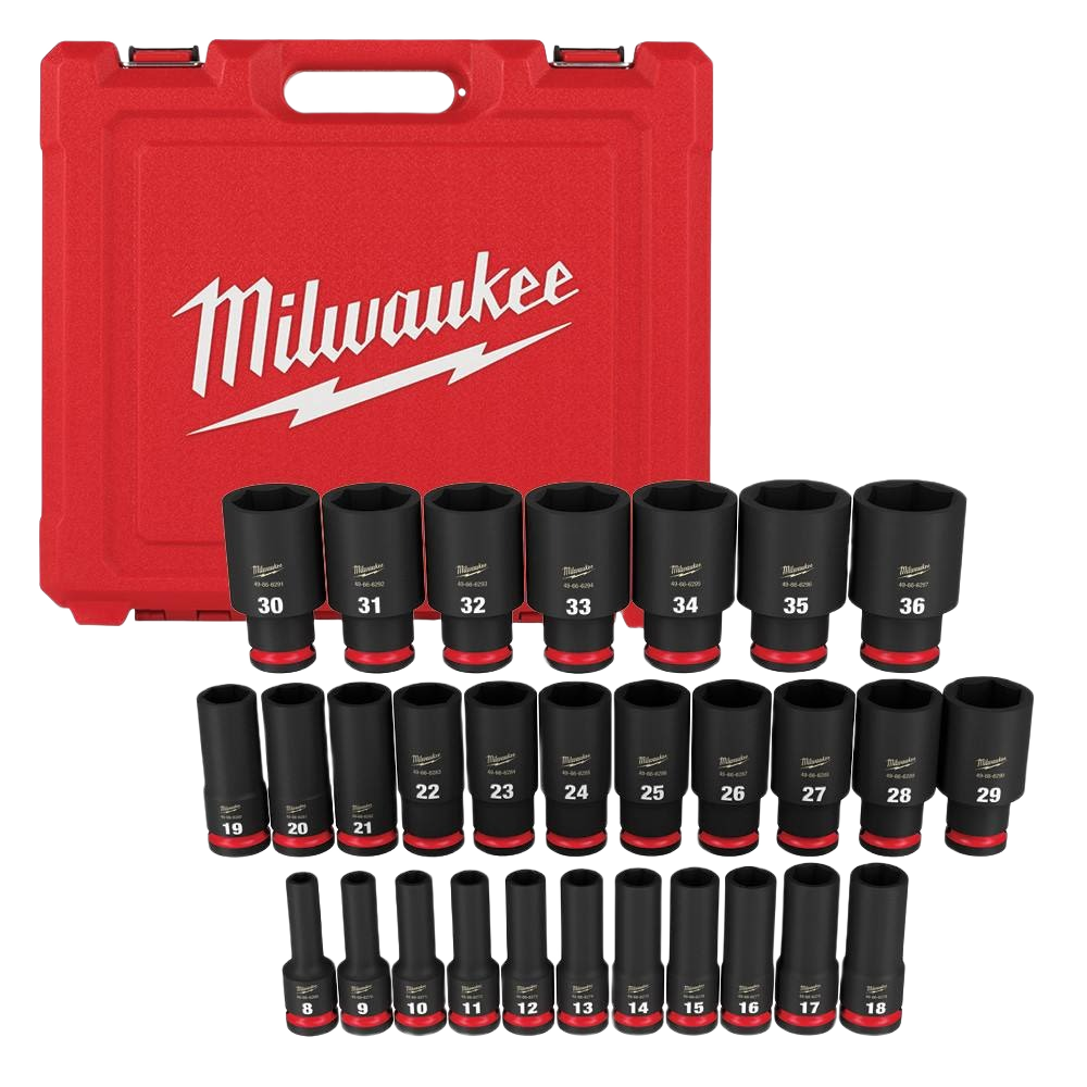 Set of metric deep impact sockets with sturdy black finish in red Milwaukee carrying case for hand and woodworking tool collections
