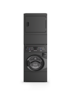 Black stacked front load washer and electric dryer with digital controls, designed for compact laundry and appliance centers