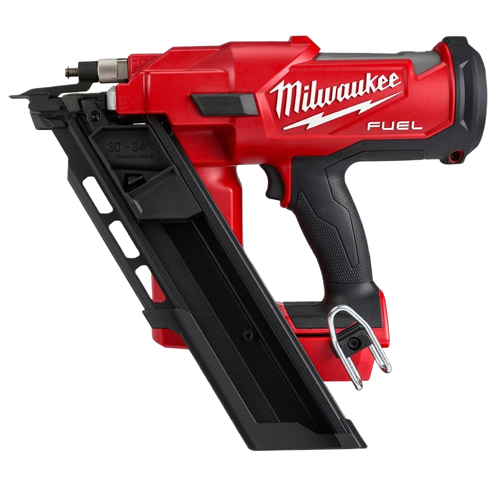 Cordless framing nailer with ergonomic grip and angled magazine for precise nail placement in construction tasks
