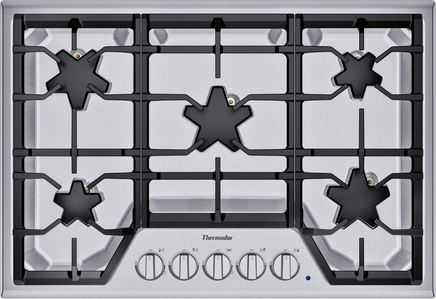 30-inch stainless steel gas cooktop with five Star® burners and continuous cast iron grates from Thermador collection