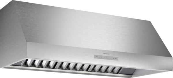 Stainless steel 48-inch professional wall mounted range hood with modern angular design in appliances collection