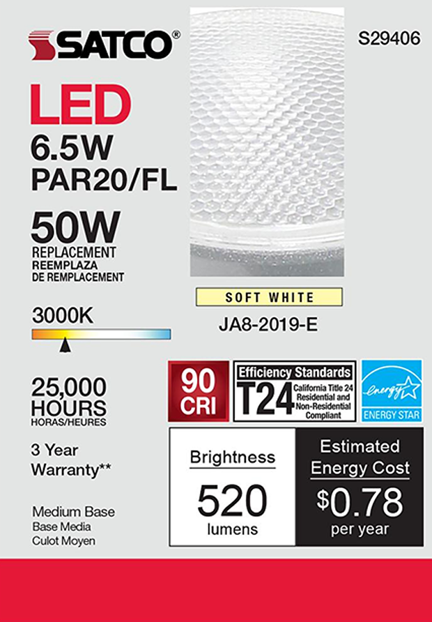 Satco 6.5W PAR20 LED soft white floodlight bulb with medium base, energy-efficient and long-lasting for home lighting.