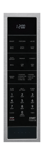 Stainless steel microwave control panel with digital clock, preset cooking options, and touch controls in kitchen appliances collection