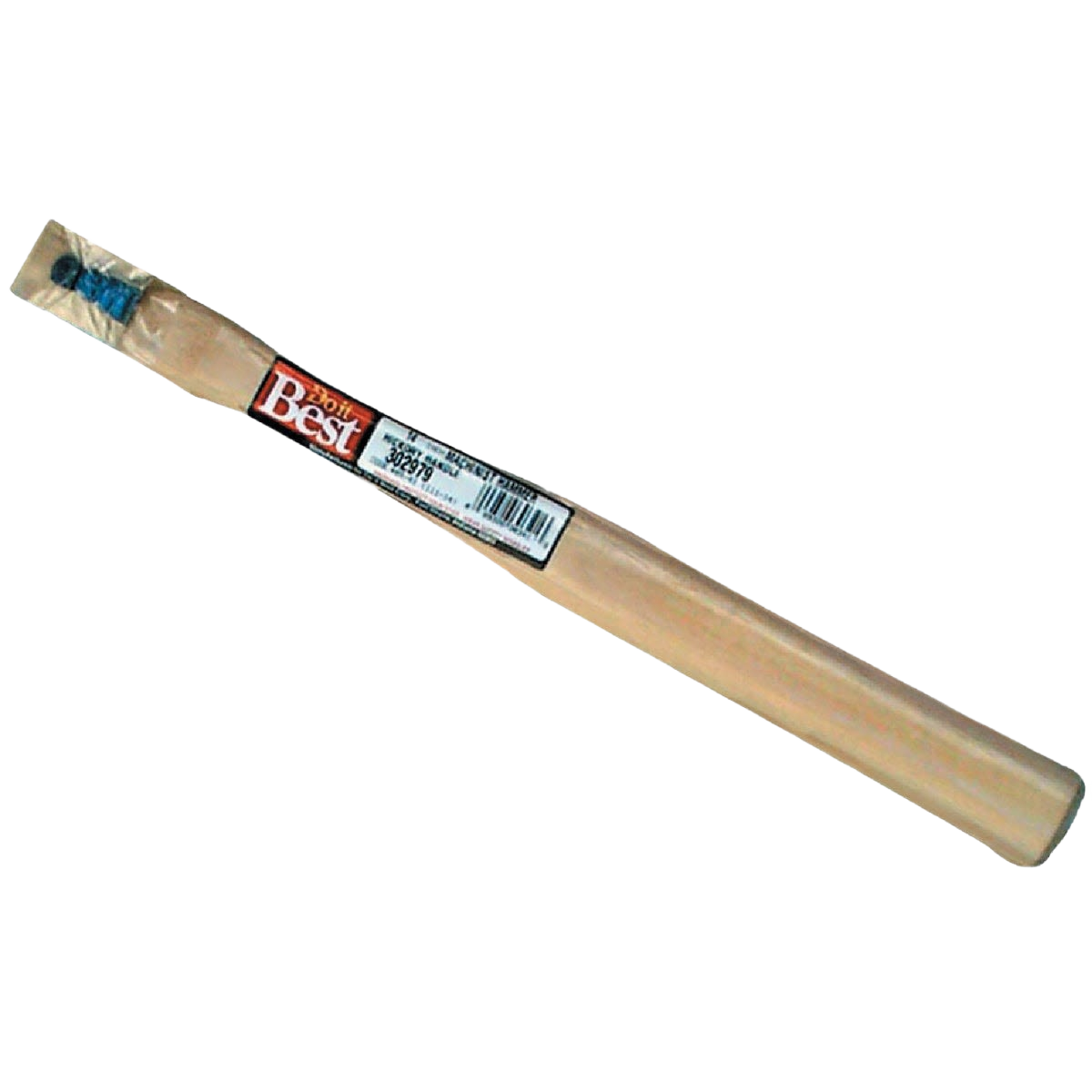 Straight hickory hammer handle with packaged label for replacement in tools and home improvement projects