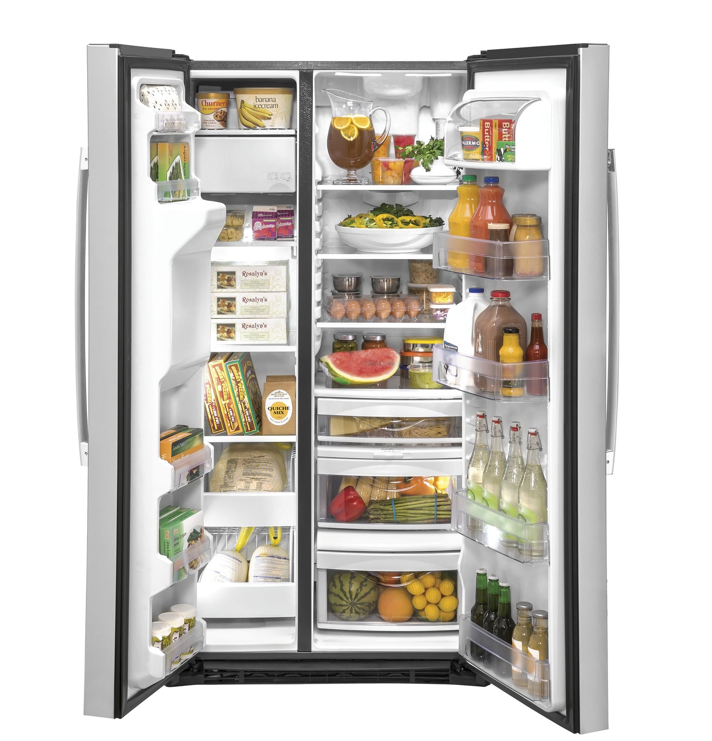 Open fingerprint resistant side-by-side refrigerator with organized food and beverages in kitchen and appliances collection