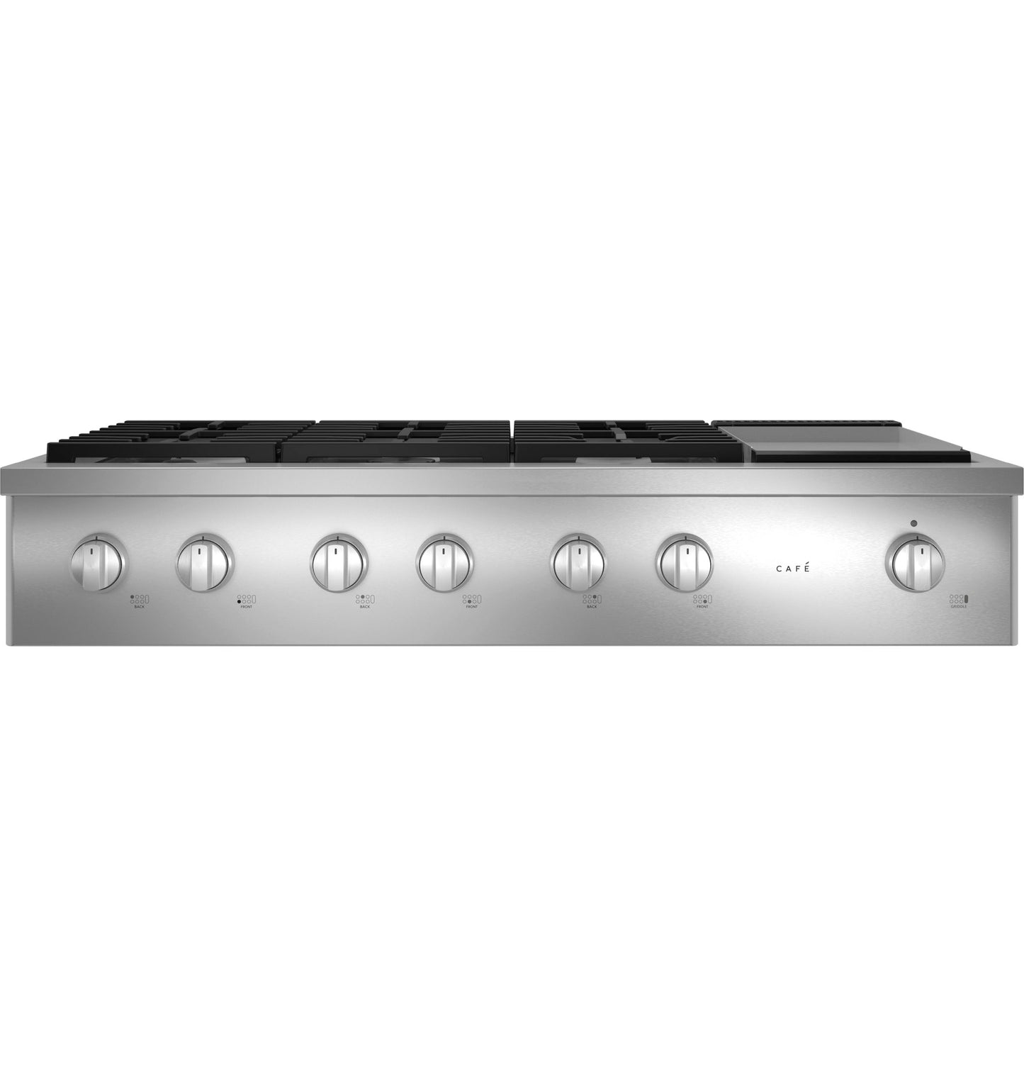 Stainless steel commercial-style gas rangetop with six burners and integrated griddle in kitchen appliances collection