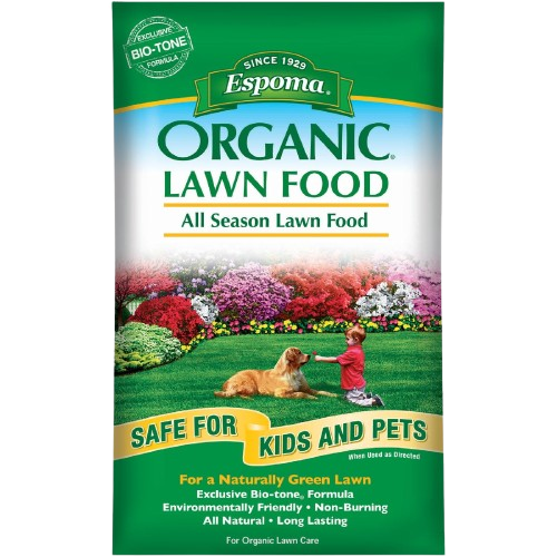 Green and white bag of Espoma organic lawn food with garden scene, safe for kids and pets in Plant Care and Lawn & Garden collections