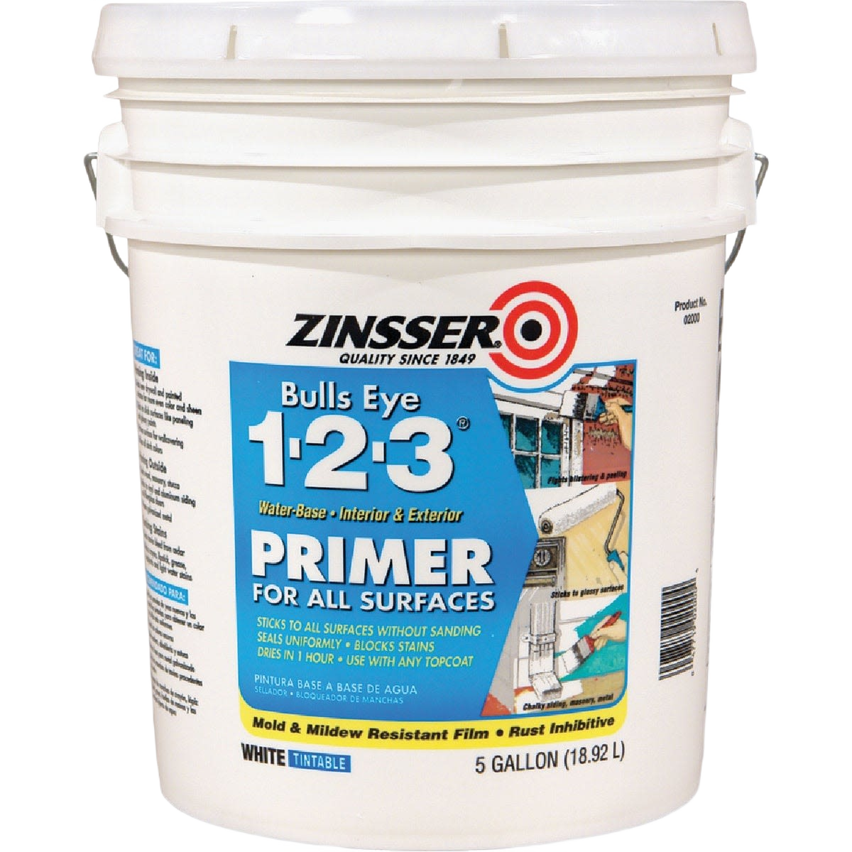 White 5-gallon bucket of water-based primer for interior and exterior surfaces in paint and primer supplies collections