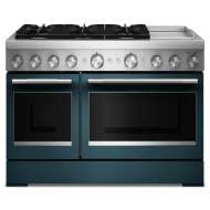 Commercial-style 48-inch dual fuel range with six gas burners, electric double oven, and chrome electric griddle from KitchenAid collection
