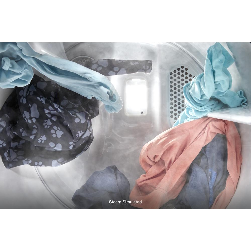 Clothes tumbling inside electric dryer drum with simulated steam and moisture sensor vent visible in appliance collection