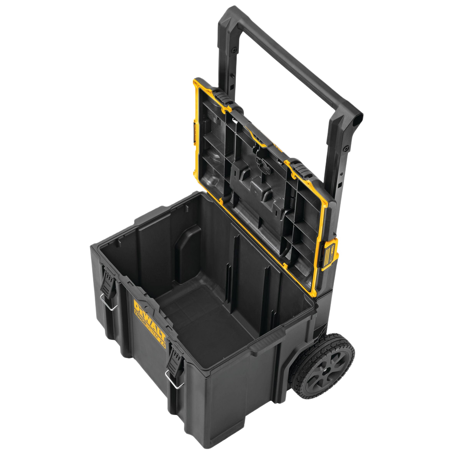 Black and yellow rolling toolbox with extendable handle and large wheels for rugged jobsite storage and workshop organization