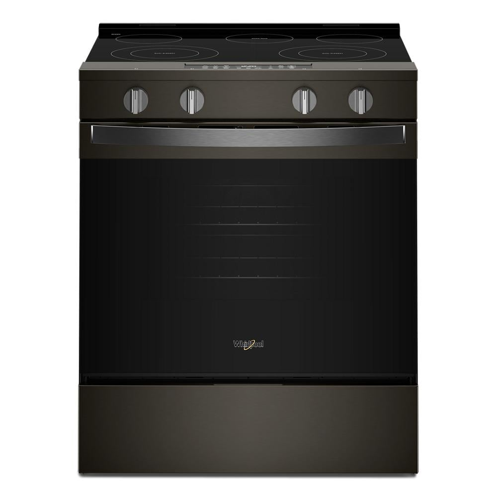 Front view of a black 30-inch electric smart range with four control knobs, smooth cooktop, and large oven window, ideal for electric ranges, kitchenware, and appliances collections.